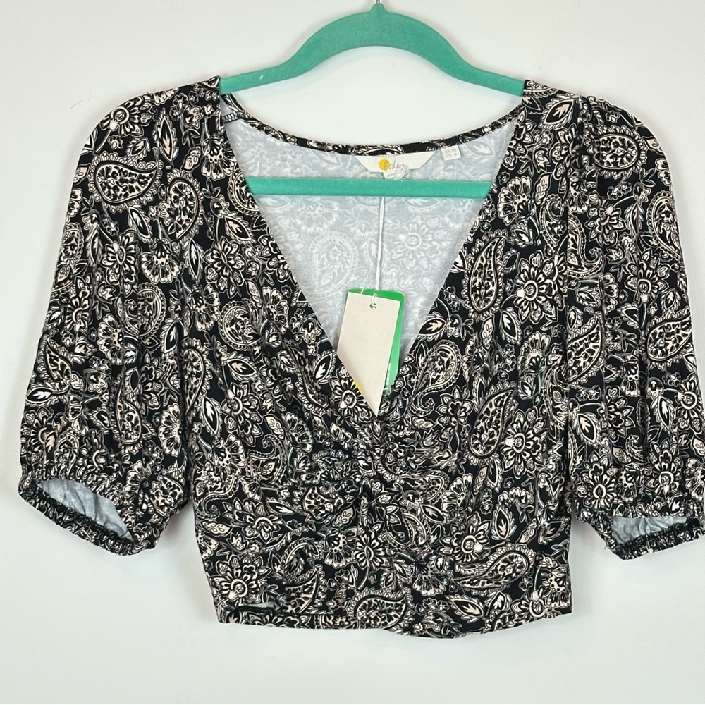 NWT Boden Womens Boho V-Neck Twist Tie Front Stretch Puff Sleeve Paisley Top 6